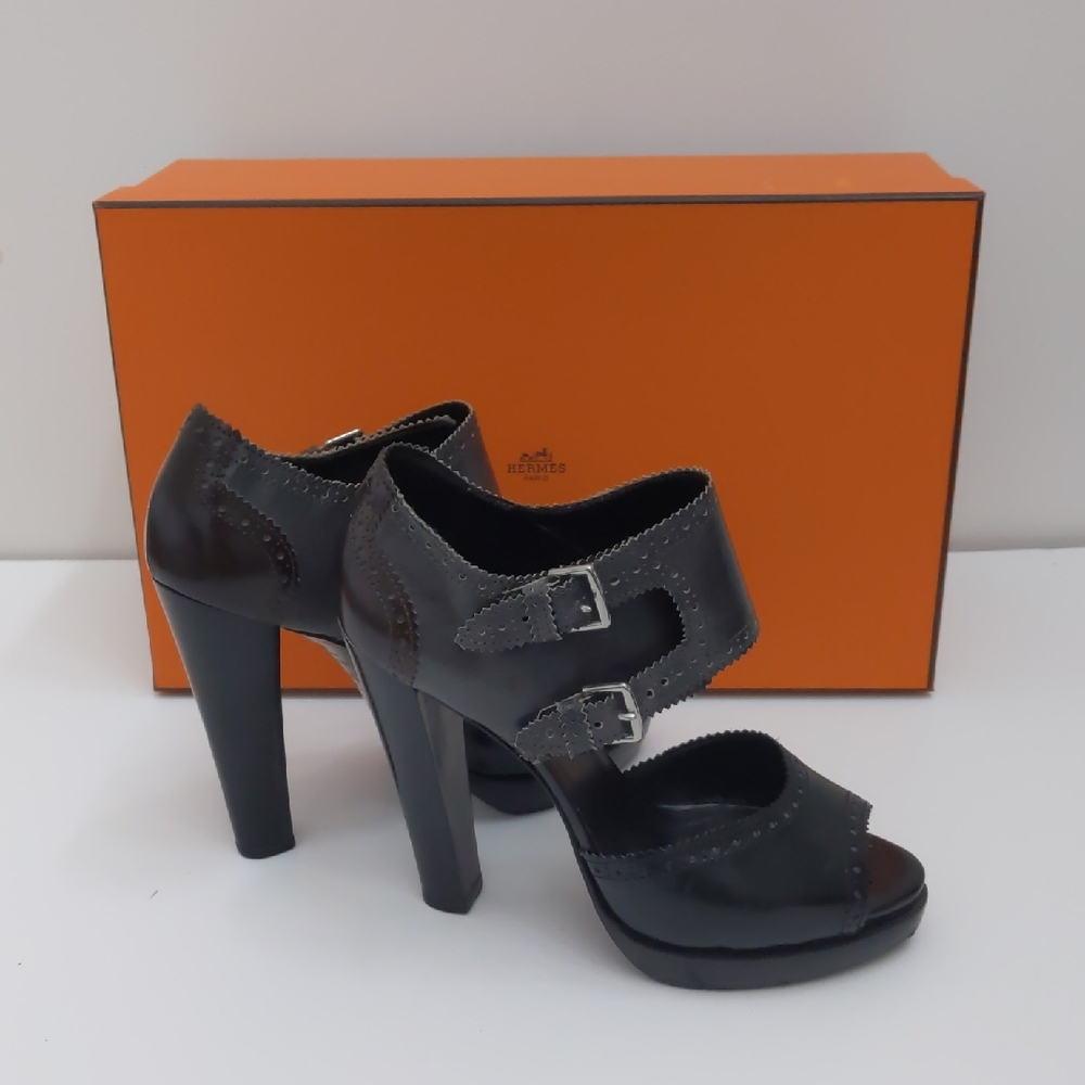 Hermes Black Leather Double-Buckle Platform Heels